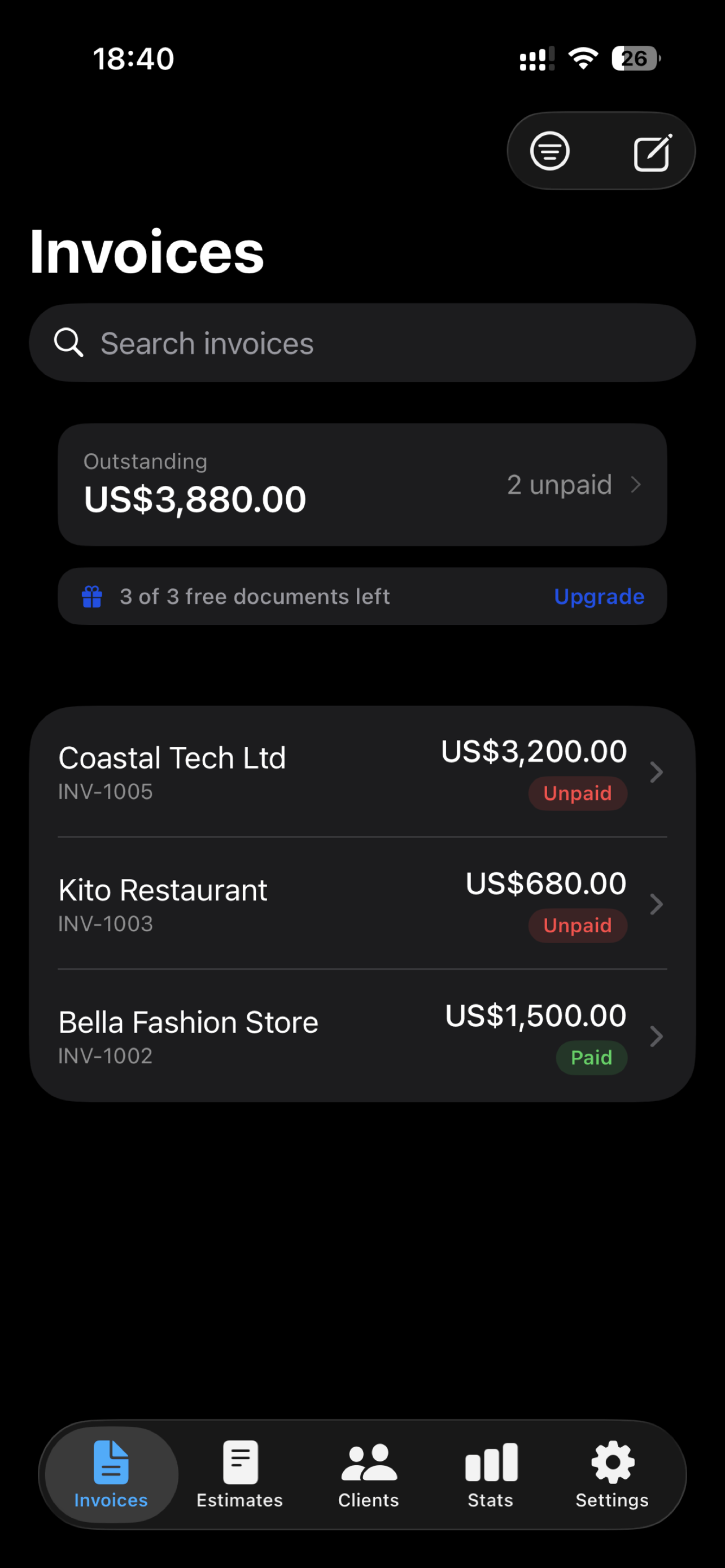 The InvoiceFast invoices list showing paid, unpaid, and overdue documents